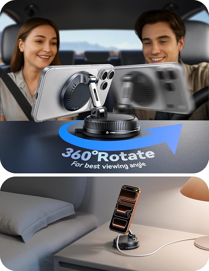 JOYROOM Only for iPhone 15W Magsafe Car Charger with Vacuum & Gel Strong Suction, 360° Vacuum Magnetic Car Phone Holder Charger, Car Mount for iPhone (Orange)