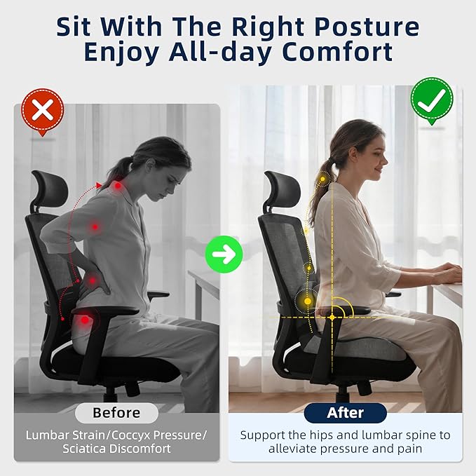 lazyzzz Memory Foam Seat Cushion, Ergonomic Office Chair Seat Cushion with Lumbar Support & Adjustable Strap, Car Seat Cushion Back Pain Relief for Truck Driver, Office Chair, Gaming Chair