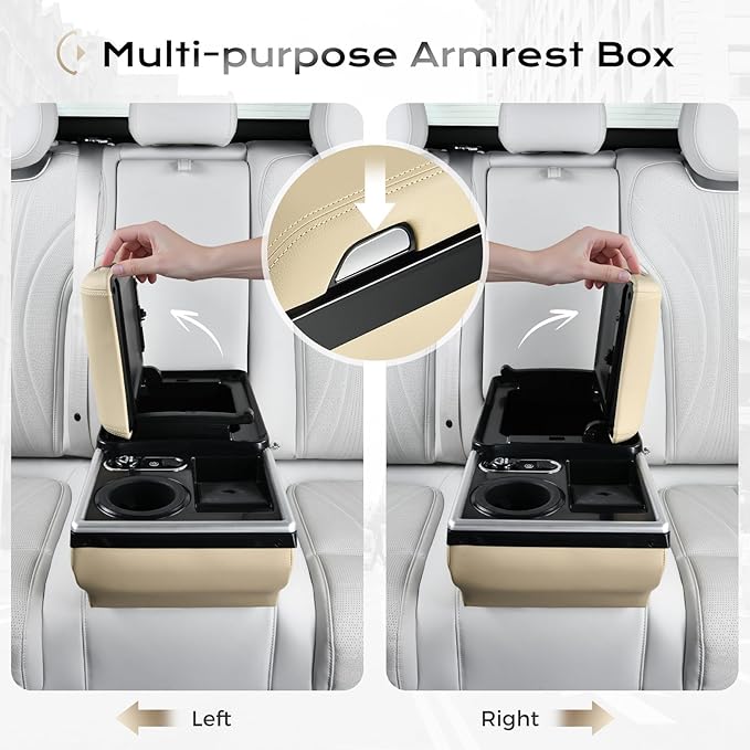 Coverado Universal Car Center Console with Wireless Charging & Cup Holder, Back Seat Organizers, Rear Bench Seat Central Armrest Box with Storage, for Most Vehicles, Easy Install, Beige