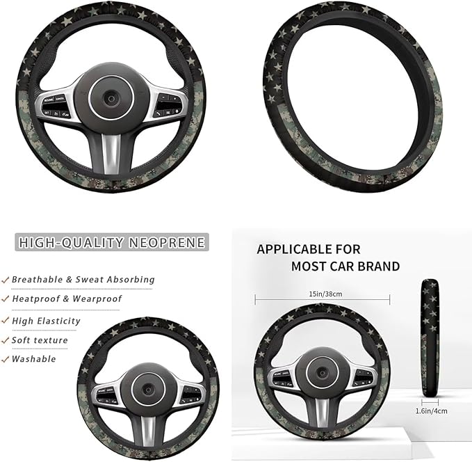 Vintage American Flag Car Interior Accessories Military Green Car Steering Wheel Cover Cup Coaster Handbrake Gear Cover Suit for Truck Vans SUV 6pcs