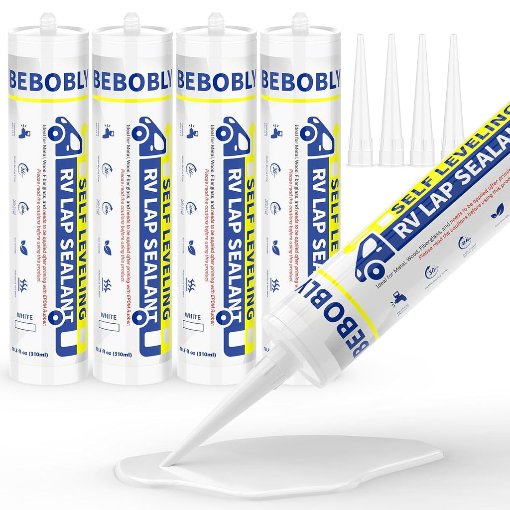 RV Roof Sealant, Self Leveling Lap Sealant White, RV Caulking Sealant Waterproof, Flexible & Non-Cracking, RV Lap Sealant for Camper, Trailer & Motorhome Roof Repair, Secure Odorless (4 Pack)