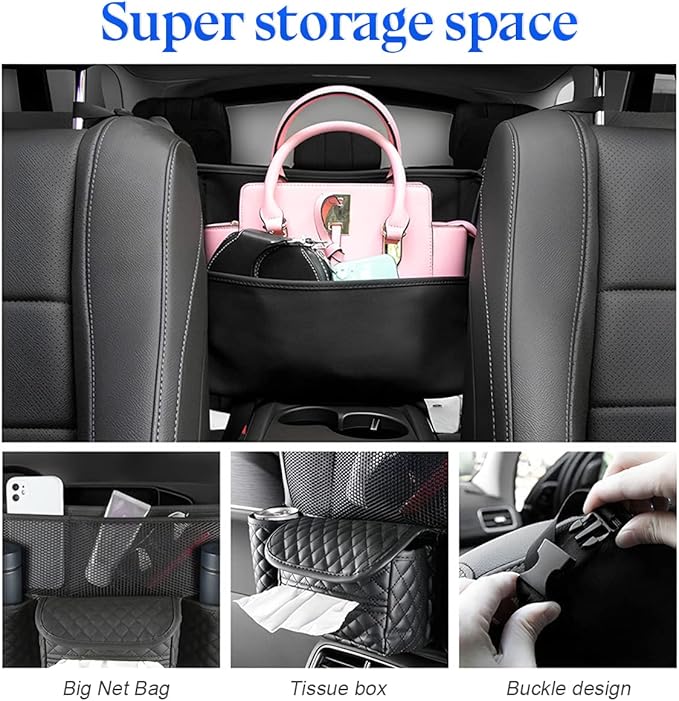XINLIYA Car Handbag Holder Between Seats, PU Leather Multi-Pocket Large Capacity Purse Holder, Auto Net Bag Barrier of Backseat Pet Kids, Car Seat Organizers and Storage for Cargo Tissue Cup（Black）