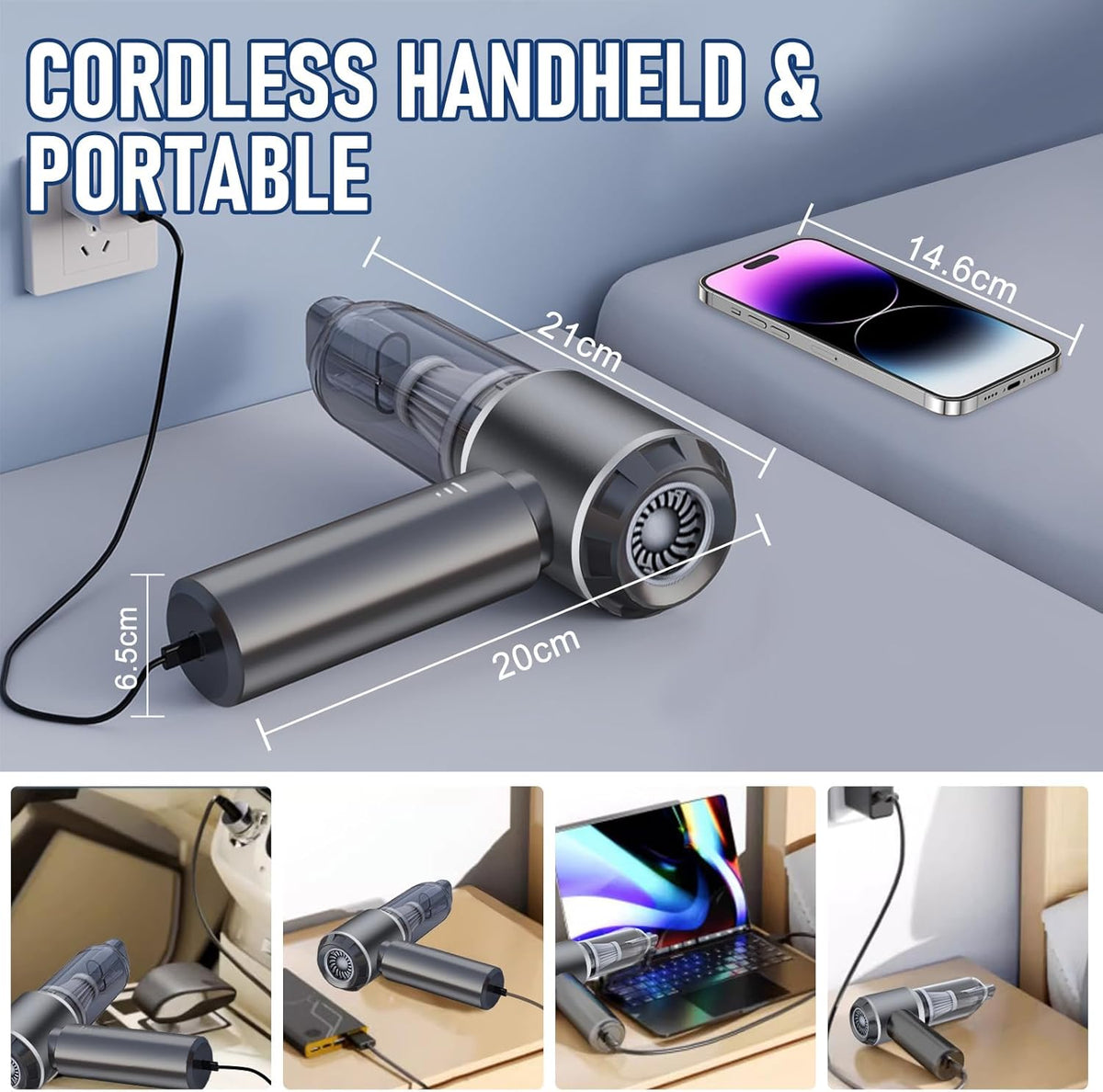 Car Vacuum Portable Cordless 20000PA High power Mini Vacuum Cleaner 4-in-1 Compressed Air Duster & Air Blower & Pump Hand Held Vacuum with Brushless Motor for Car, Home, Office,Camping (Silver)