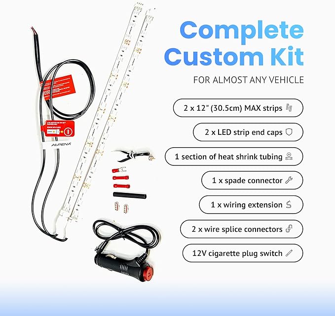 Alpena MAX LED Light Strip Starter Kit – EZ-Link Modular 12V Plug-and-Play Lighting for Cars & Trucks, Interior/Exterior Stick-On Light Bars, 2×12” Weatherproof Strips, Red