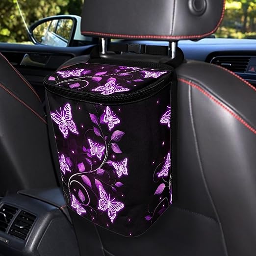 BIGCARJOB Purple Butterfly Print Car Trash Bags Hanging Automotive Car Garbage Bin with Adjustable Straps Reusable Auto Trash Bin Garbage Bags Butterfly Auto Accessories for Front Seat