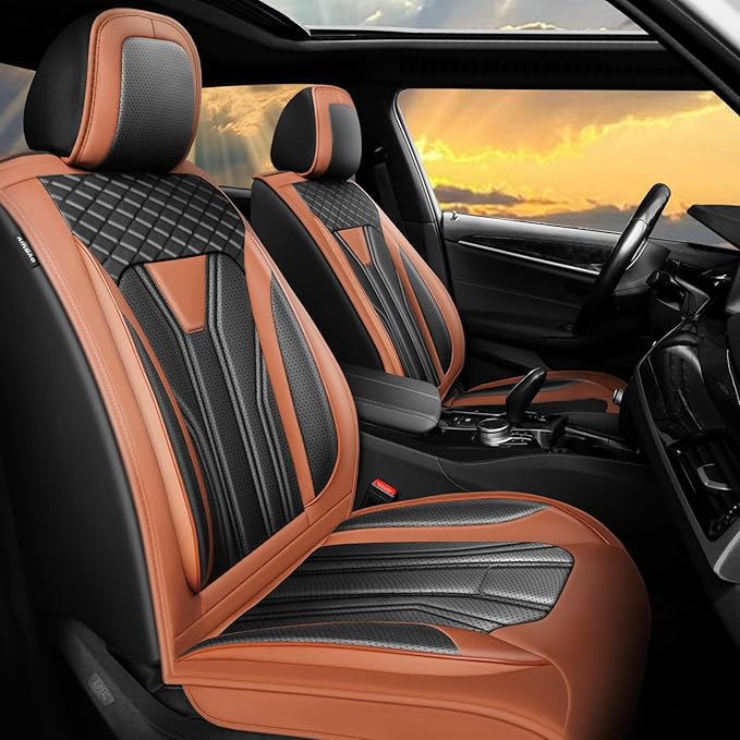 Fit Versa Car Seat Covers Compatible with Nissan Versa 2008-2025 2026 - Full Set Premium Leather， Waterproof Breathable， All-Weather Seat Cushion Protecto&Airbag Compatible（Brown & Black