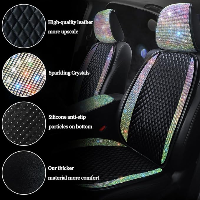 Bling Crystal Diamond Sparkly Glitter Car Seat Cover Premium PU Front Seat Protector Pad Works with 95% of Vehicles Bling Bling Rhinestones Auto Interior Accessories for Women Color 2Seats