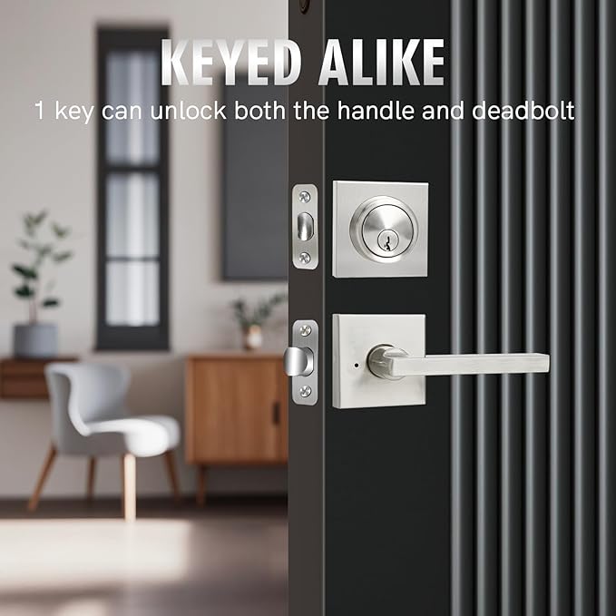 Exterior Door Lock Set with Deadbolt, Front Door Handle Set with Deadbolt, Door Levers Single Cylinder Deadbolt Set, Keyed Alike Heavy Duty Keyed Privacy Handles Locksets,(Satin Nickel)