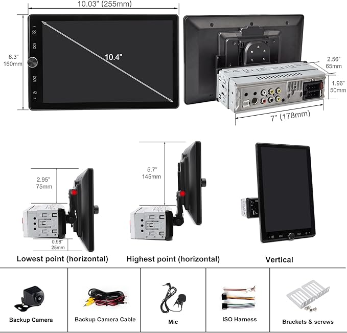 Single Din Car Radio Touchscreen (10.4" Rotatable) Compatible with Apple CarPlay [Wireless] Android Auto Car Stereo Bluetooth USB AUX SD Backup Camera