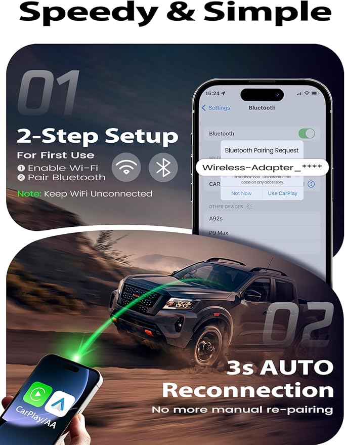 Wireless CarPlay Adapter for iPhone, 1-Click Switch for 2 Phones, Plug & Play, No Delay, Converts Wired to Wireless Car Play Dongle, Fast Stable for Cars 2016+ with Apple CarPlay & Android Auto Grey