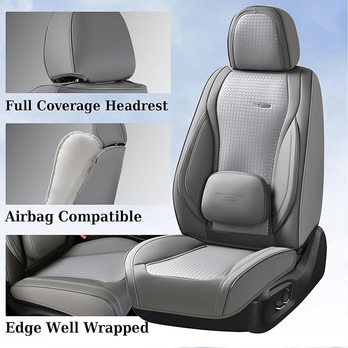 Coverado Seat Covers, Car Seat Covers Front Seats, Waterproof Nappa Leather Auto Seat Cover with Lumbar Head Pillow, Gray Seat Covers Carseat Cover Universal Fit for Most Cars