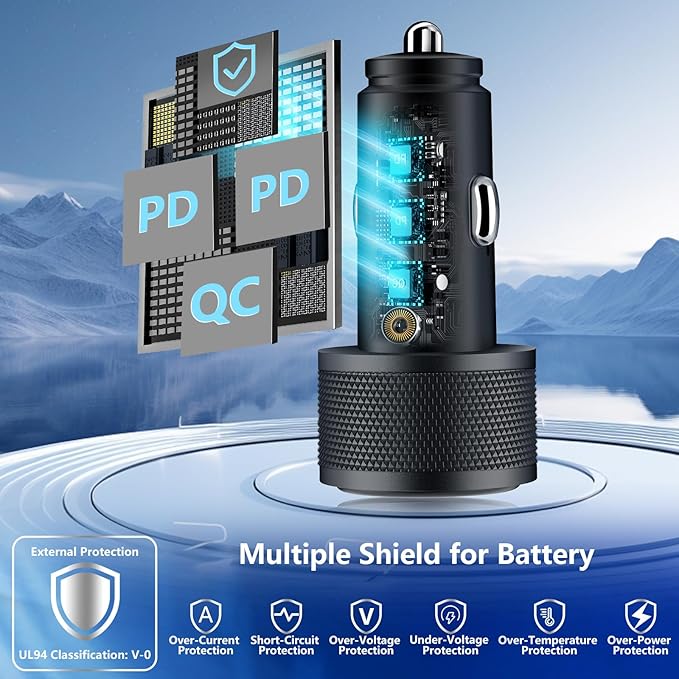USB C Car Charger, Rombica 3Port 67W PD Dual USB-C USB-A Power Cigarette Lighter Adapter PD/QC Type C Car Charger Fast Charging for iPhone 17 17 Pro Max 16 Pro 15 14 13 12 11/Galaxy S26 S25/Pixel/iPad
