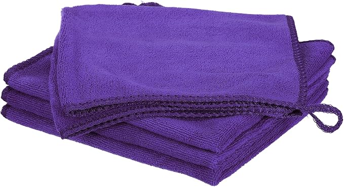 HARFINGTON 4 Pack Microfiber Cleaning Cloth, 14" x 14" Multi-Functional Cleaning Towels Reusable Absorbent Rags with Hook for Car Wash Kitchen Household Window Clean, Purple