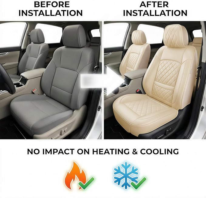 Santa Fe Seat Covers Custom Fit for Hyundai Santa Fe 2007-2026 (Only 5-Seat Version) - Full Set Premium Leather, Waterproof, All-Weather, Airbag Compatible, Only 2 Front seat Covers (Beige)