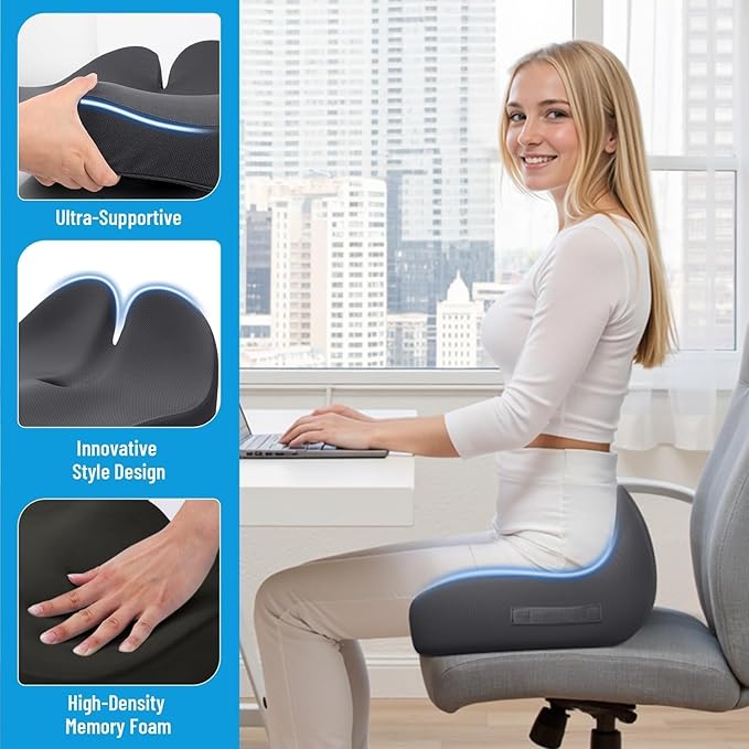 Seat Cushion, Memory Foam Office Chair Cushions, Ergonomic Curved Design for Sciatica, Tailbone, Coccyx, Seat Support for Car, Desk Chair, Wheelchair, Enhances Long Sitting Comfort (Grey)