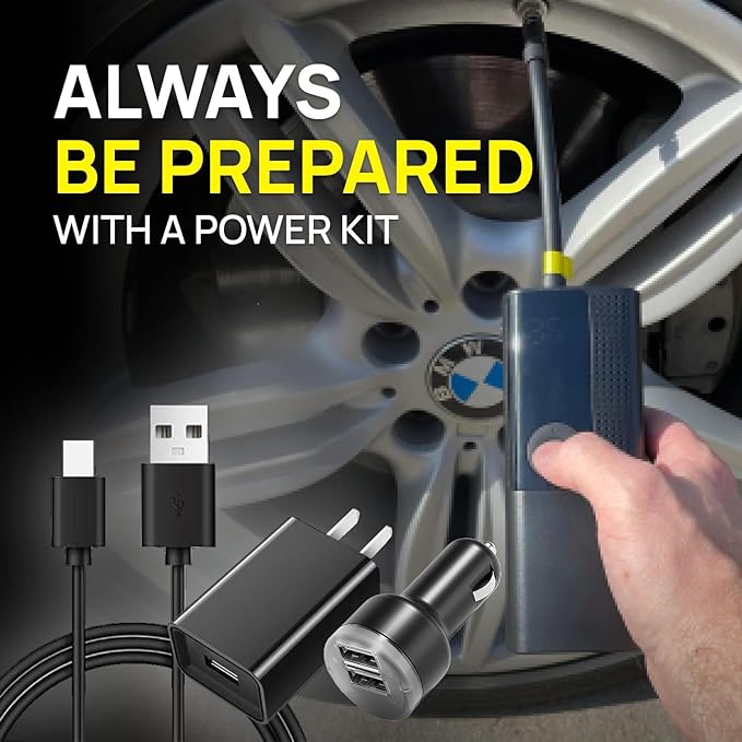Airmoto Power Kit - Car Charger and Home Charger for Airmoto Tire Inflator Portable Air Compressor - Fast Charging with 3ft Lightning Cable