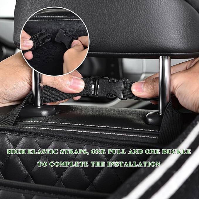 2PCS Car Seat Back Organizer, Waterproof Leather Hanging Backseat Organizer with Storage Pockets, Large Capacity Auto Trash Bag Collapsible Document Holder for Most Vehicles