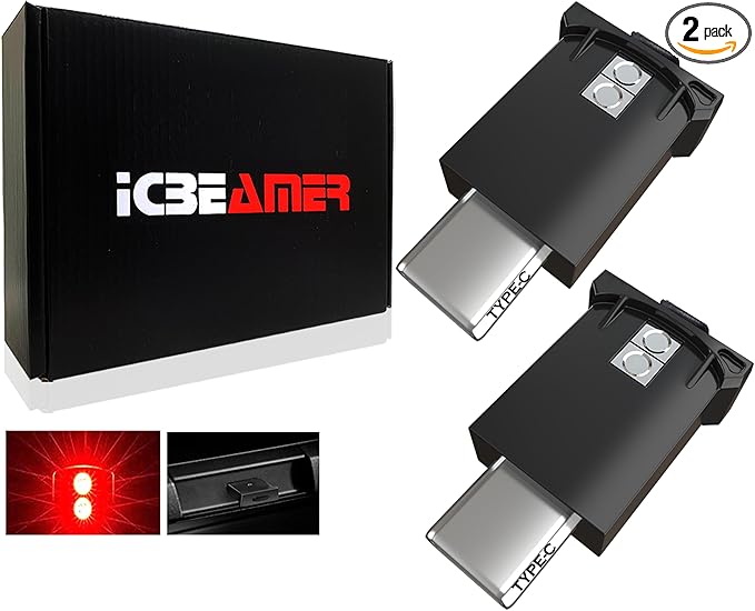 ICBEAMER Type C Adapters USB Ambient Light 2-Pack (Red) | Smart Interface, Miniature LED Night Lights for Car Interior, Trunk, Van, Pickup, Easy Plug-in, Ideal for Night Driving