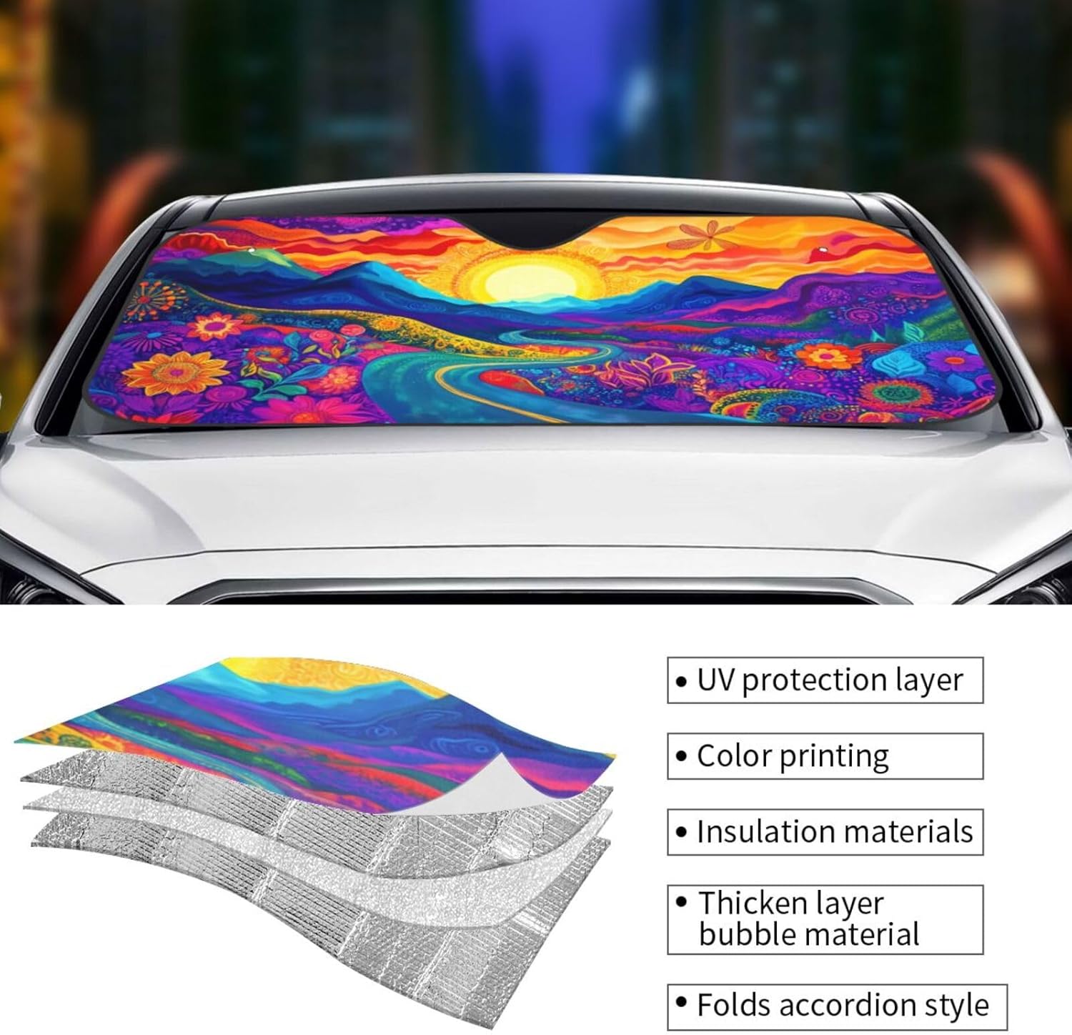 Abstract Flower Sunrise Car Sun Shade Windshield Sunshade Foldable Front Window Shield Cover for Truck SUV
