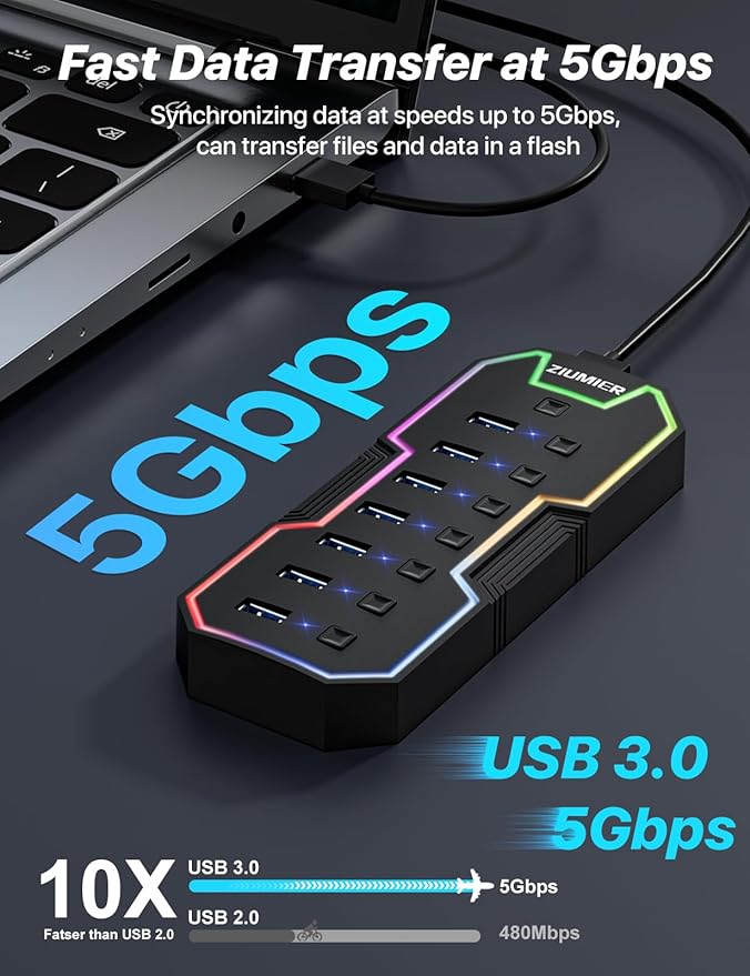 ZIUMIER USB 3.0 Hub,7 Ports USB Expander with RGB LED Strip,USB Hub for Laptop,Individual LED On/Off Switches for Mac, PC, Desktop, Flash Drive, Mobile HDD