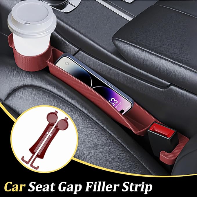 2PCS Car Seat Gap Filler, Soft Carbon Fiber Vehicle Between Seat and Console Organizer with Cup Holder, Prevent Falling Automotive Interior Chair Gap Plug, Universal Fit (Red)