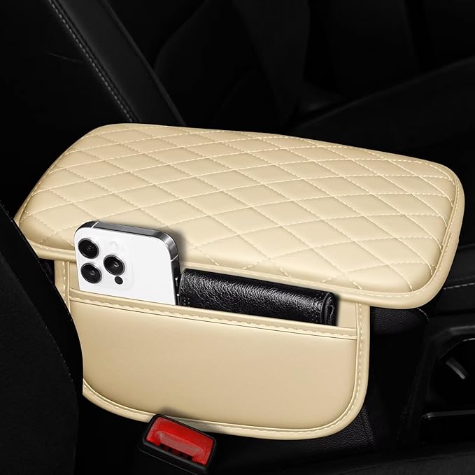 Upgraded Car Center Console Cover Fit for bZ4X Faux Leather Car Armrest Cover Cushion with 2 Storage Bags,Car Armrest Storage Box Interior Accessories(Beige&Whiteline)