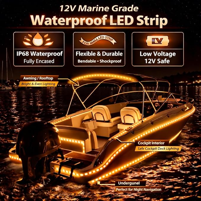 12V Marine Boat LED Light Strip Super Bright, 2 Pack 6.56FT IP68 Fully Waterproof RV Front Cap Lights, Golf Cart Underglow Roof Lights Strip for Truck ATV UTV SUV Car Pickup Trailer, Cuttable, Amber