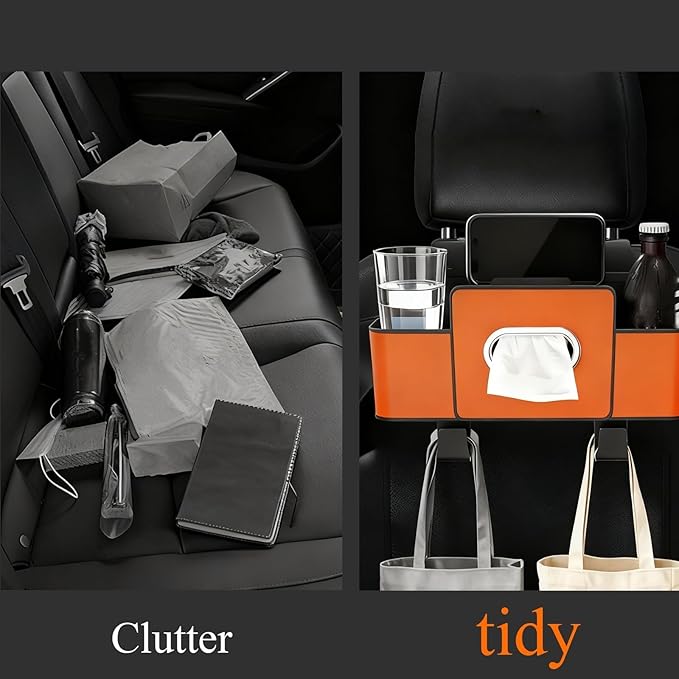 3-in-1 Car Backseat Organizer with Dual Cup Holders, Seat Back Storage Box, Built-in Tissue Holder, Adjustable Universal Design for Neat and Practical Car Interior Storage (Black)