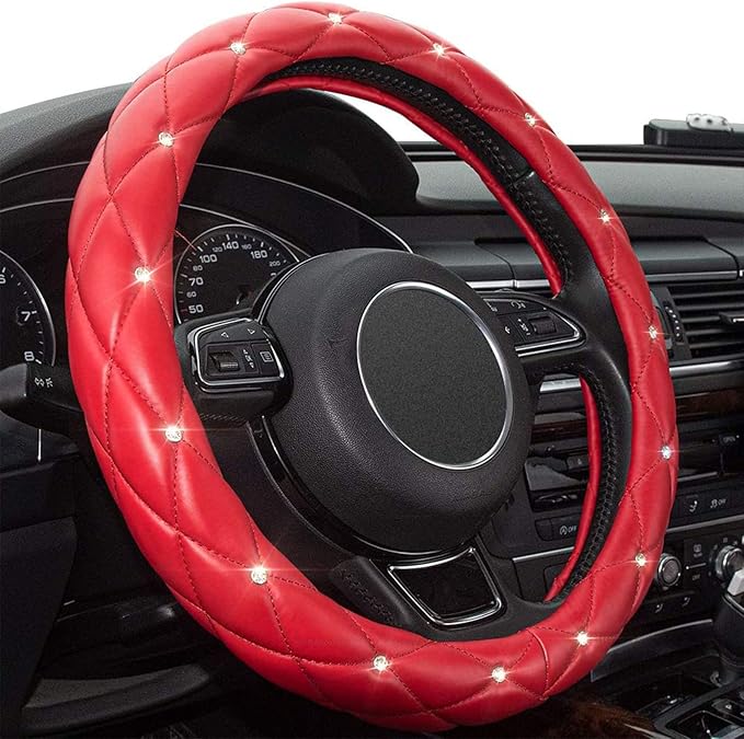 Xizopucy Red Steering Wheel Cover, Leather Car Steering Wheel Cover, Crystal Rhinestones Anti-Slip Soft Accessories for Women and Girl Universal Fit 14.5-15 Inch