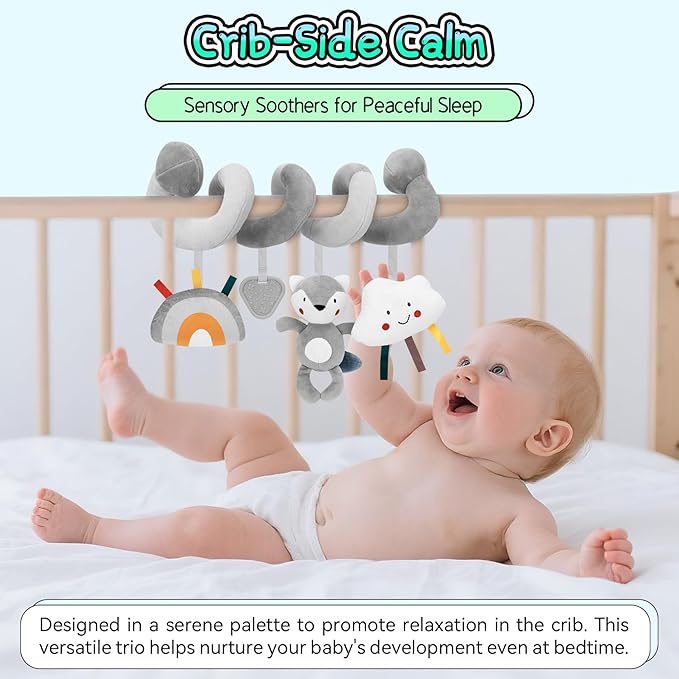 FPVERA Car Seat Toys for Babies 0-6 Months: Travel Baby Toy for Soft Hanging Toys for Carseat, Spiral Stroller Activity Toy Plush for Infant Boys Girls, Grey Fox