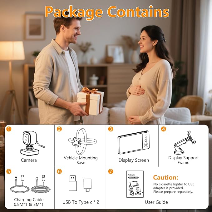 Wireless Baby Car Camera 5" HD 1080P IPS Anti-Glare Screen USB Powered, Temperature Alert, Night Vision & VOX Mode, 360° Rotatable Rear Facing Carseat Monitor Newborns Travel Essentials Gifts
