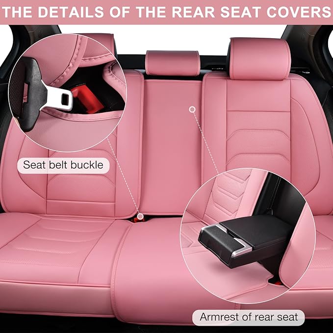 Pink Car Seat Covers Full Set, Breathable Leather Automotive Front and Rear Seat Covers & Headrest for Comfortable Driving, Universal Auto Interior Fit for Most Kinds of Vehicles