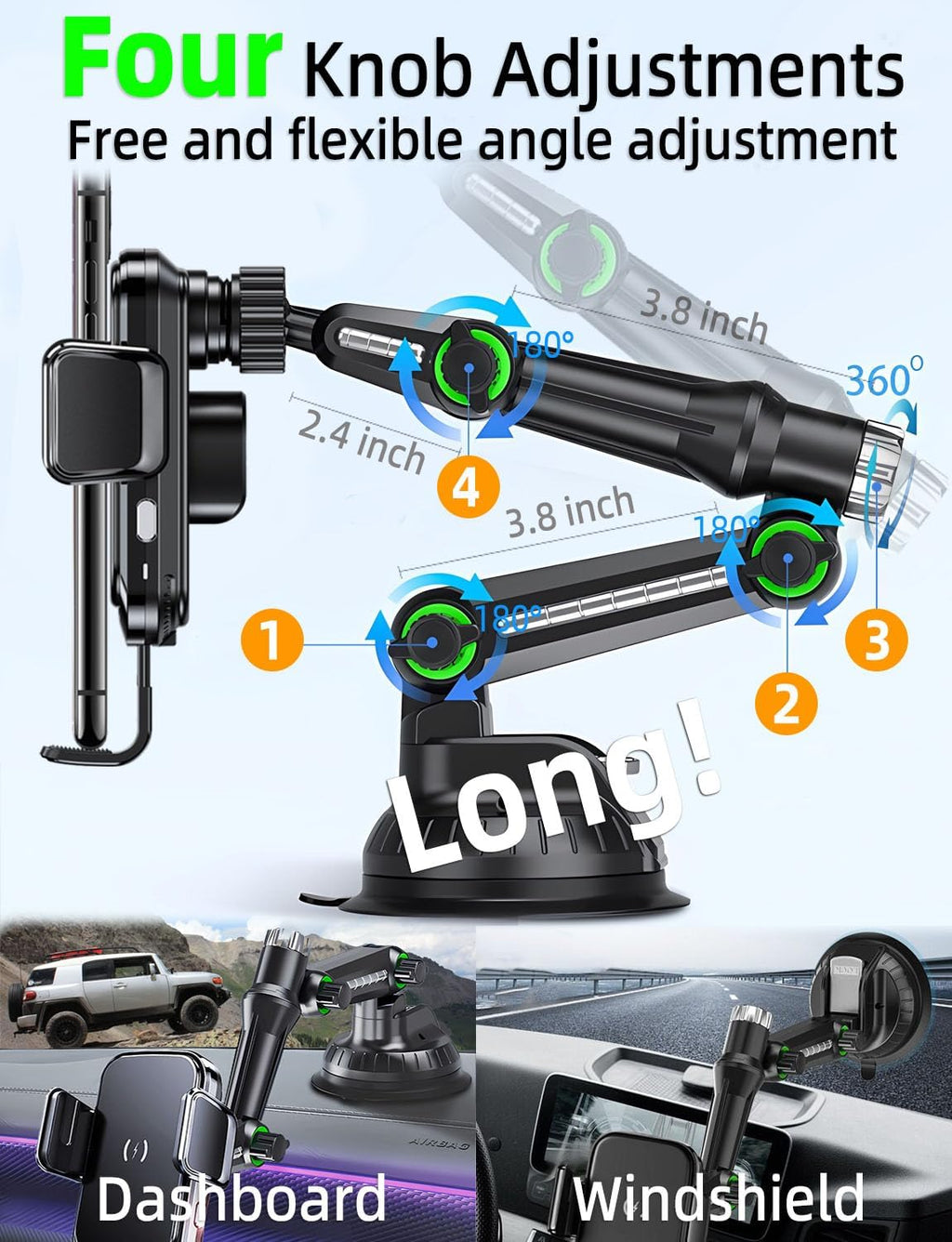 Wireless car Charger Phone Holder Mount for Truck,【10-inch Long arm 】 Pickup Truck Phone Holder Qi2 15W Fast Charging Heavy Duty Truck and Large SUV Windshield/Dashboard,for iPhone Samsung LG