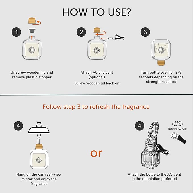 Llum Grapefruit Hanging Car Air Freshener – Luxury Automotive Perfume Diffuser 10ml (0.34 fl oz), Long-Lasting Fragrance, Alcohol-Free Non-Toxic Car Scent, Glass Bottle With Wood Cap & AC Vent Clip