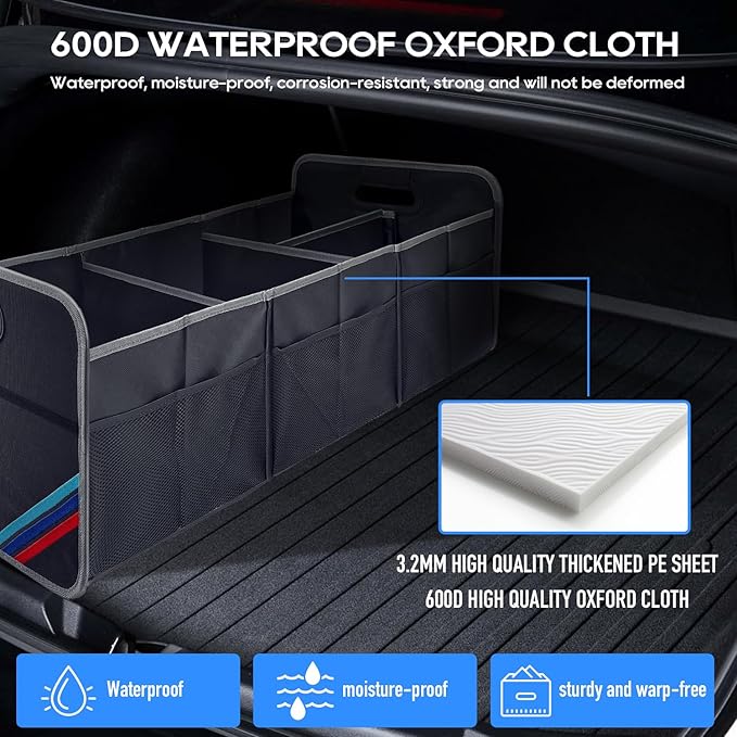 XL Car Trunk Organizer, 4 Compartments, 94L Capacity, Oxford Polyester 600D Material, Easy Fold and Store, Prevents Sliding