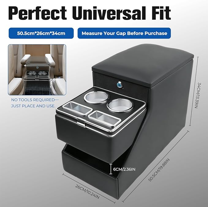 Center Console Organizer for Minivans, SUVs & Middle Van Seats - Floor-Mounted Lockable Storage Box with Dual Cup Holders, Ideal for Vehicle Interior