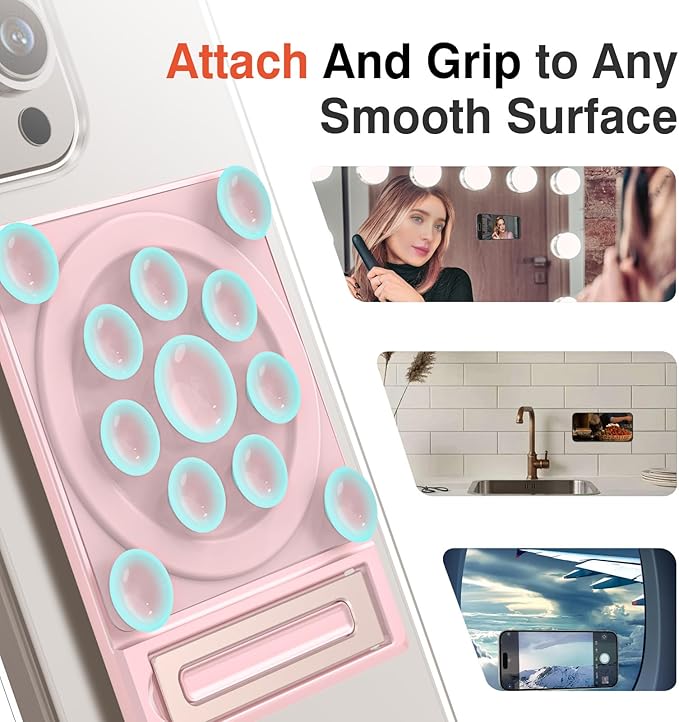 SEMBO Silicone Suction Phone Case Adhesive Sticky Grip Stand with Mag-Back for MagSafe Car/Wall Mounts, Strong Magnetic Holder for Fridge, Gym Equipment, Shower, Hands-Free Selfie (Pink, Magnetic)