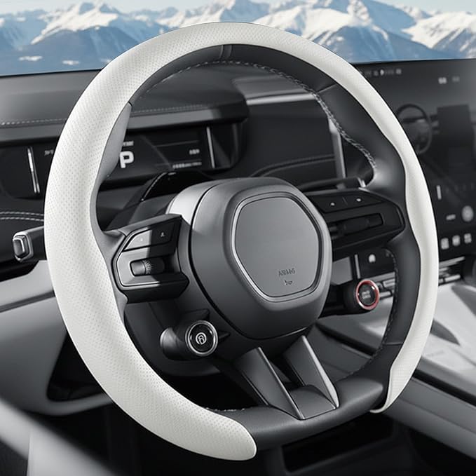 Nappa Leather Steering Wheel Cover, Universal 15 Inch Snap On Car Steering Wheel Cover for Men/Women, Comfortable & Breathable Microfiber Car Accessories Interior (White)