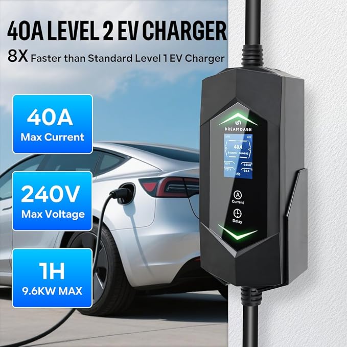 Level 2 Ev Charger for Tesla,40A 9.6KW Fast,NACS Ev Charger with 25ft ETL Listed Cord,6A-40A Adjustable Amps,Charging(110v-240v),NEMA 14-50 Plug,IP66 Waterproof Delay Timer LCD Display