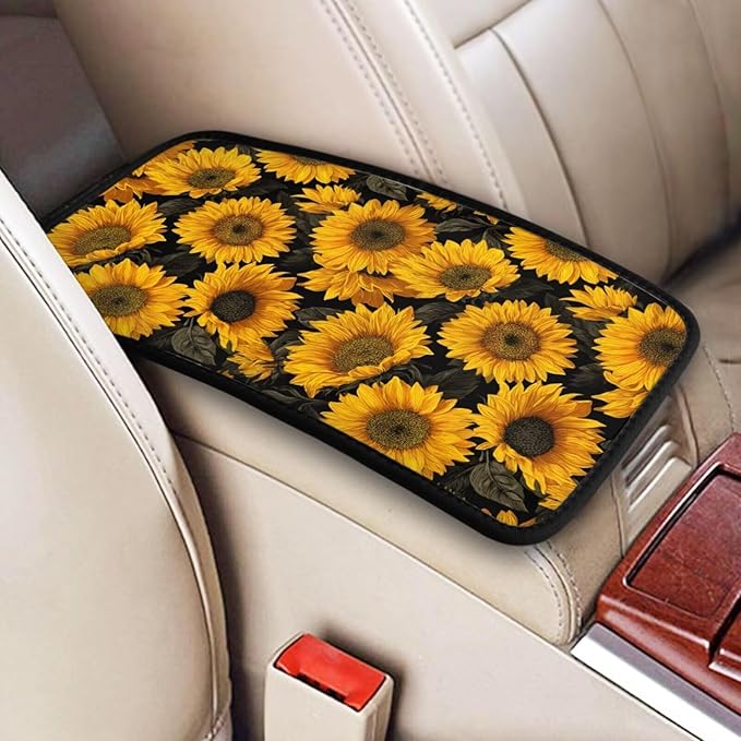 Yellow Sunflower Center Console Cover Vintage Flower Armrest Lid Protector Floral Middle Console Cushion Interior Accessories