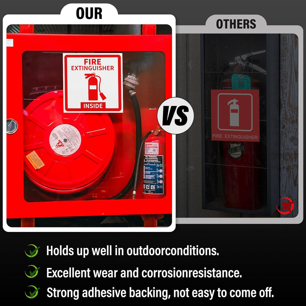 Madrigal Fire Extinguisher Inside Sticker Sign,4Pack 3x3" Self-Adhesive Vinyl, Weatherproof & UV Protected for Cars, Trailers, Rv's, Trucks and Vehicles, Red on White