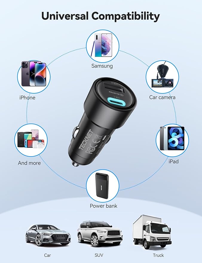 TECKNET USB C Car Charger [2Pack], 48W 2-Port Cigarette Lighter Fast Chargering, PD&QC3.0 USBC Car Charger Adapter Compatible with iPhone 16/15 Plus/15/14/13 Galaxy