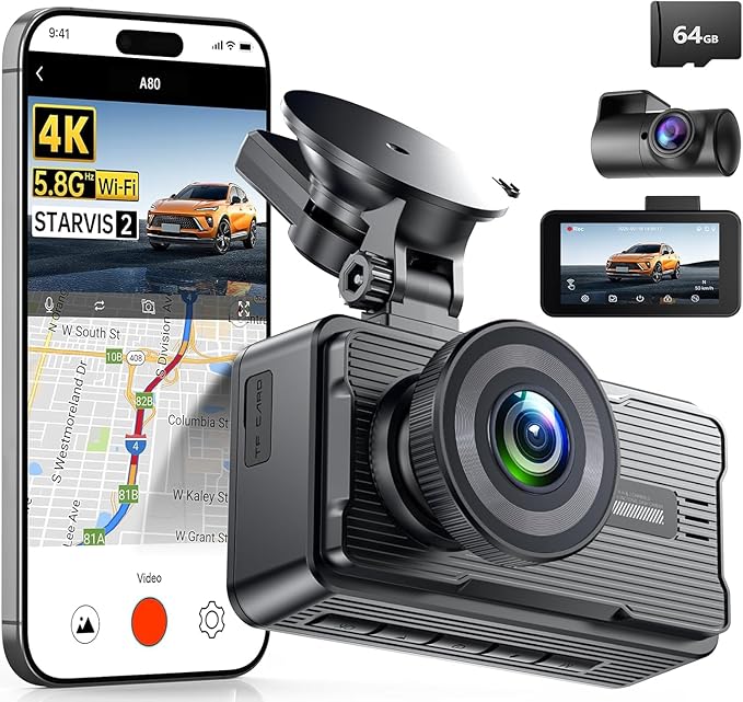 JOMISE A80-T Dash Cam Front and Rear 4K, Touch Button Dual Control, STARVIS 2 IMX675, 5GHz WiFi 20MB/s Download, Dash Camera for Cars with 3.18" Screen, 64GB Card Included