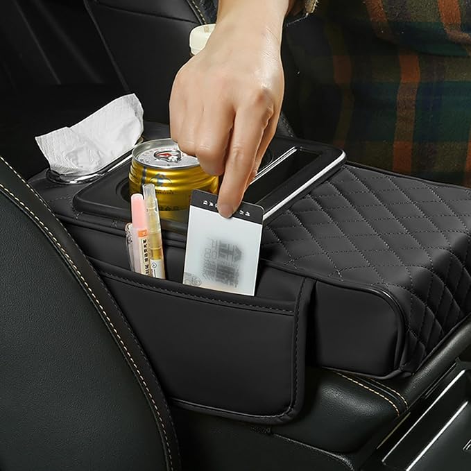 Car Armrest Cushion, 5-in-1 Center Console Cover with 2 Storage Bags Cup Holder, Cup Holder Tissue Slot Phone Slot for Car, Universal Car Armrest Box Cover Protection Pad for Most Vehicles (A)