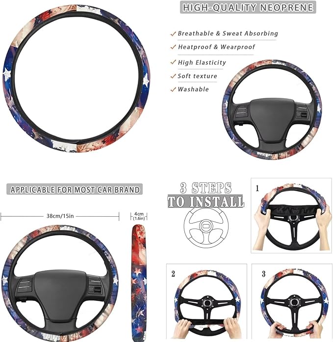 FKELYI Eagle Car Seat Covers - American Flag Headrest, Dust-Proof Gear & Handbrake, Steering Wheel, Cup Coasters