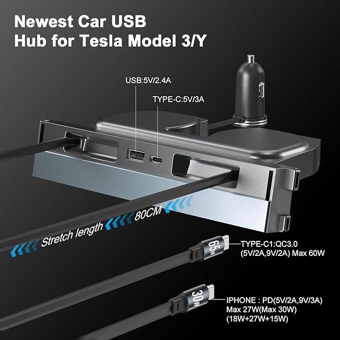 65W USB Hub for Tesla Model 3 Highland/Model Y Juniper 2024 2025 Waterproof - 4Ports Fast Charger Tesla Accessories for Tesla Phone Charger 2 Type-C Fast Charging Cables