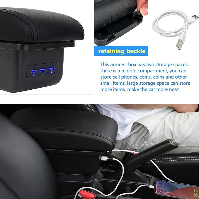 AULPHIKE Compatible with Nissan Micra March Armrest 2011-2016 Armrest Car Center Console Organizer Armrests Double Layer Storage with 3 USB（Black）