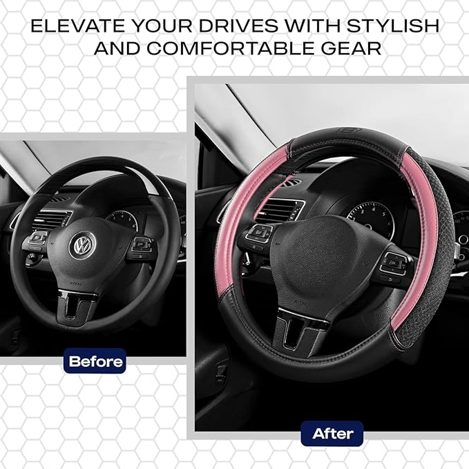 Skechers Air-Cooled Steering Wheel Cover,Leather Car Steering Wheel Cover Universal Fit 14" 1/2-15" Car Wheel Protector for Men Women Fit Suvs,Vans,Sedans,Car,Trucks,Pink