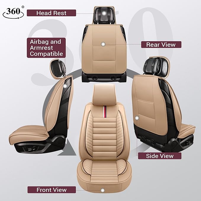 OASIS AUTO Car Seat Covers Full Set Premium Waterproof Faux Leather Cushion Universal Accessories Fit SUV Truck Sedan Automotive Vehicle Auto Interior Protector (OS-001 Tan)