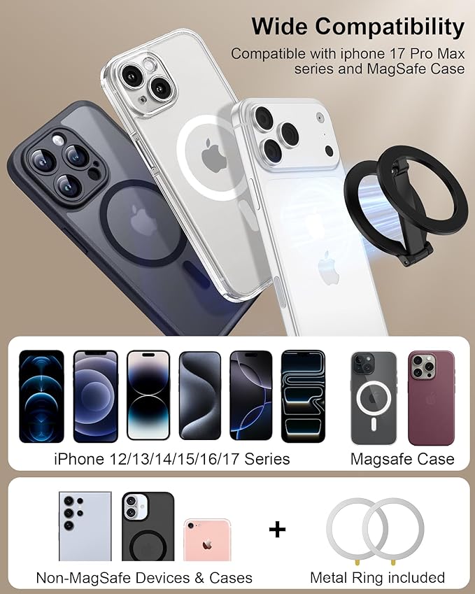 Magnetic Phone Grip for Magsafe, Foldable 360°Rotation Kickstand Mag Safe iPhone Stand, Dual-Sided Magnet Finger Loop Cellphone Ring-Style Holder for Apple 17/16/15/14/13/12 Series&MagSafe Car Mount